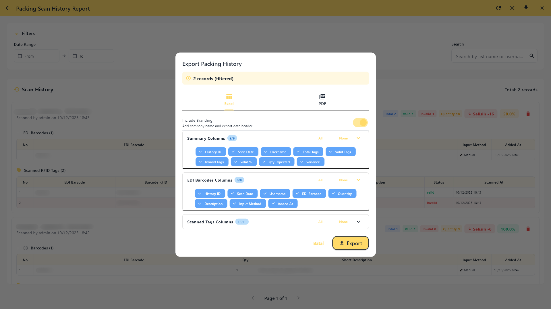 Packing History - Export to Excel or PDF